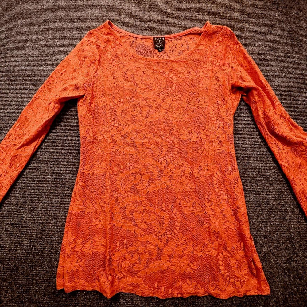 Ella Moss Floral Lace Sheer Top Women L Burnt Orange Boho Fairy Grunge Y2K Indie